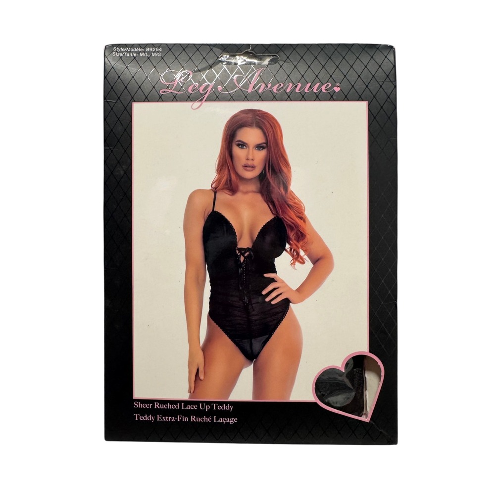 Leg Avenue Black Sheer Ruched Lace Up Teddy Bodysuit 89264 ML